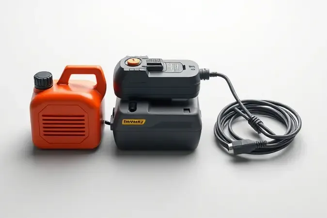 Render 3D mostrando três fontes de energia para roçadeiras: combustível, bateria e elétrica lado a lado