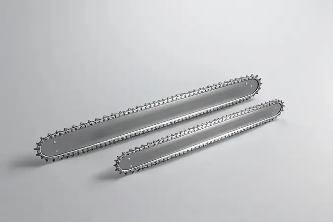 Três tamanhos de sabre de motosserra em ordem crescente para comparação visual e escolha ideal.