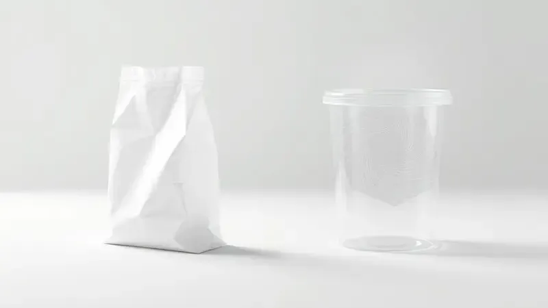 Comparação conceitual 3D entre saco descartável translúcido e recipiente lavável com visualização de fluxo ciclônico.