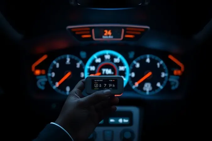 Scanner automotivo conceitual exibindo dados de diagnóstico veicular em interface digital abstrata com renderização 3D.