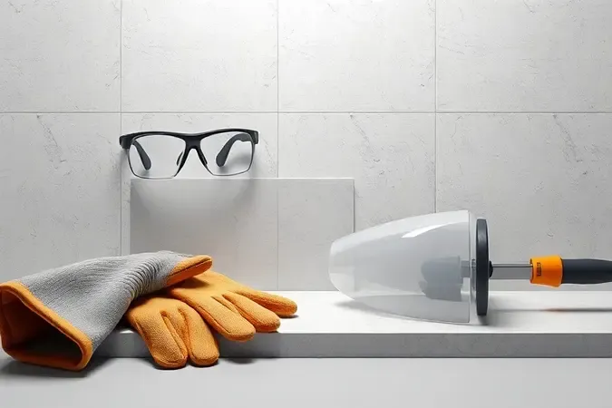 Render 3D conceitual destacando equipamentos de proteção e segurança em área de corte de porcelanato.