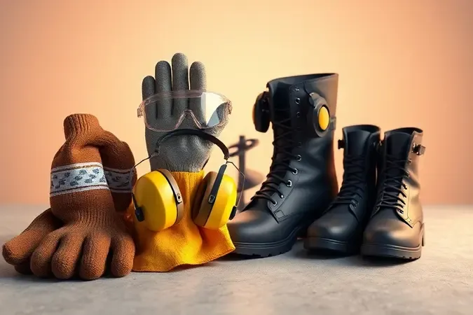 Equipamentos de proteção individual para operar perfurador de solo como luvas, óculos e protetor auricular em render 3D conceitual