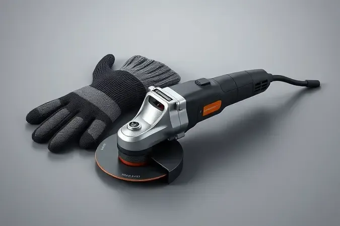 Render 3D de equipamentos de proteção e esmerilhadeira ergonômica sem marca com escudo protetor abstrato e iluminação suave.