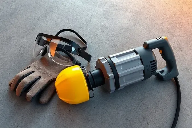 Equipamentos de segurança para uso de martelete rompedor em renderização 3D com óculos, luvas e protetor auricular genéricos.