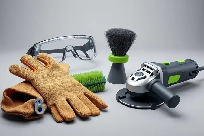 Render 3D conceitual de equipamentos de proteção e ferramentas de manutenção para esmerilhadeira em composição limpa
