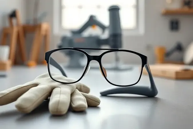 Render 3D conceitual de equipamentos de proteção como óculos e luvas sobre superfície limpa de oficina com iluminação suave.