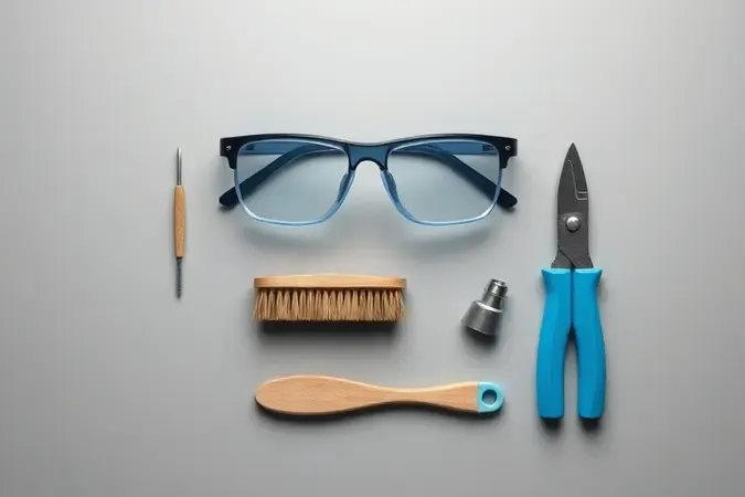 Renderização 3D de equipamentos de segurança para marcenaria incluindo óculos de proteção e escova de limpeza