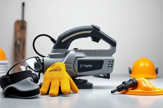 Renderização 3D de equipamentos de proteção e serra tico-tico genérica em bancada limpa com atmosfera profissional.