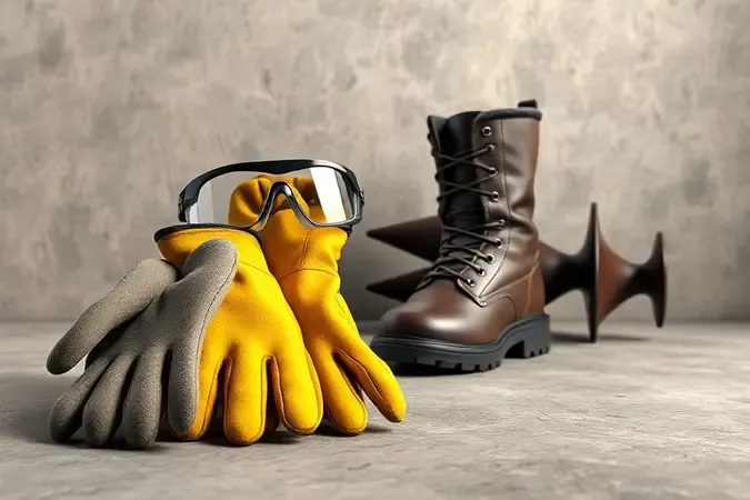 Renderização 3D conceitual de equipamentos de segurança para operação de perfurador de solo em composição limpa e profissional.