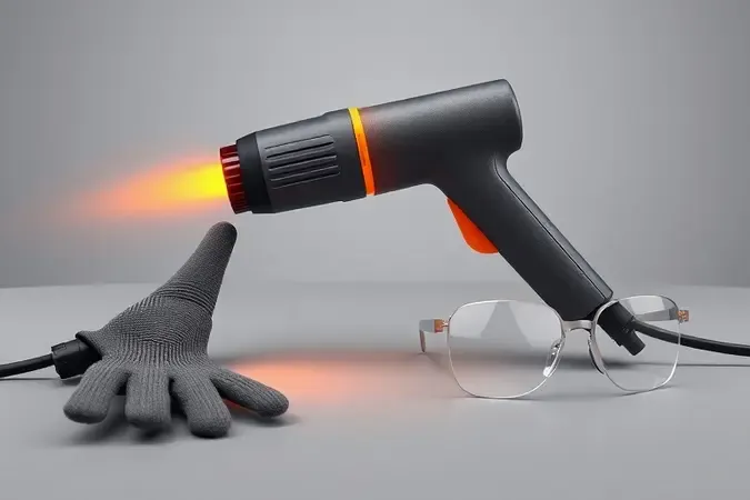 Cena conceitual 3D de soprador térmico com equipamentos de segurança como luvas térmicas e óculos de proteção.