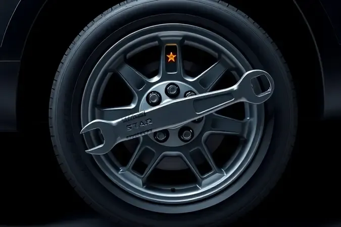 Render 3D de roda automotiva com padrão estrela luminoso ilustrando sequência correta de aperto dos parafusos.