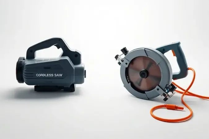 Renderização 3D comparativa entre serra circular a bateria e serra elétrica com fio sobre superfície branca minimalista