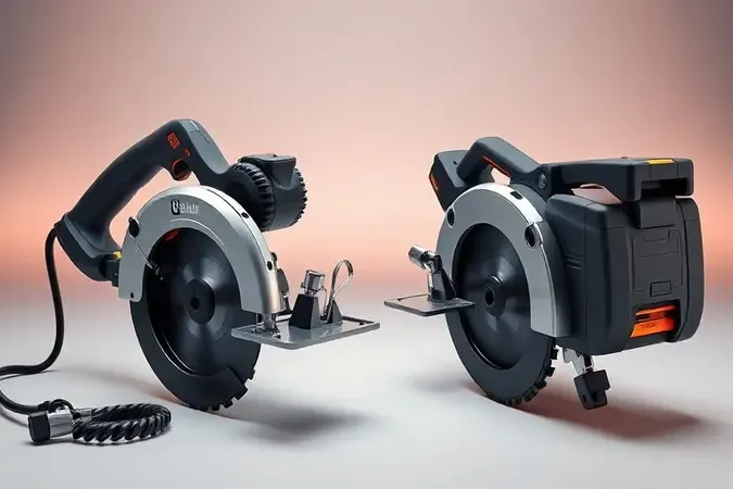 Render 3D comparativo entre serra circular com fio e modelo a bateria, destacando design e mobilidade em fundo neutro.