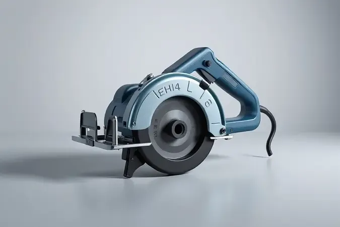 Renderização 3D de serra circular portátil compacta e ergonômica sobre superfície limpa e moderna.