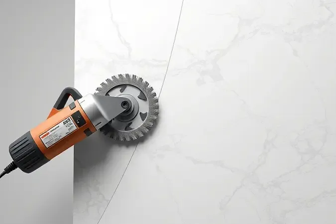 Render 3D conceitual de serra mármore cortando placa de mármore branco com precisão em ambiente de estúdio minimalista.