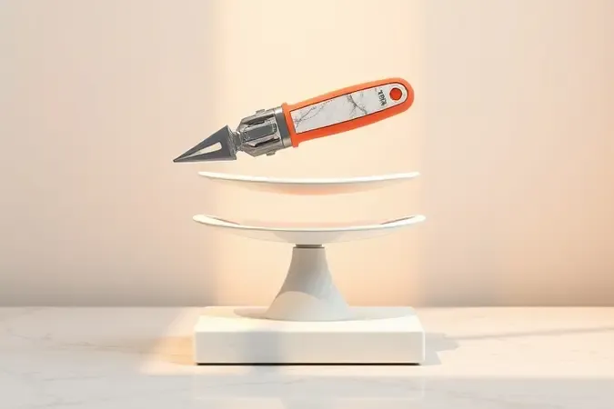 Render 3D de serra mármore compacta e leve flutuando sobre balança abstrata com pena simbolizando leveza.