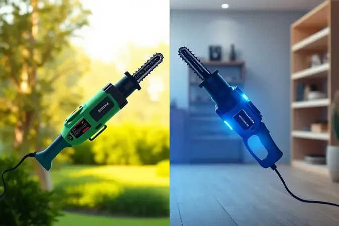 Comparação conceitual entre serra sabre a bateria para jardim e serra elétrica para oficina em composição dividida.
