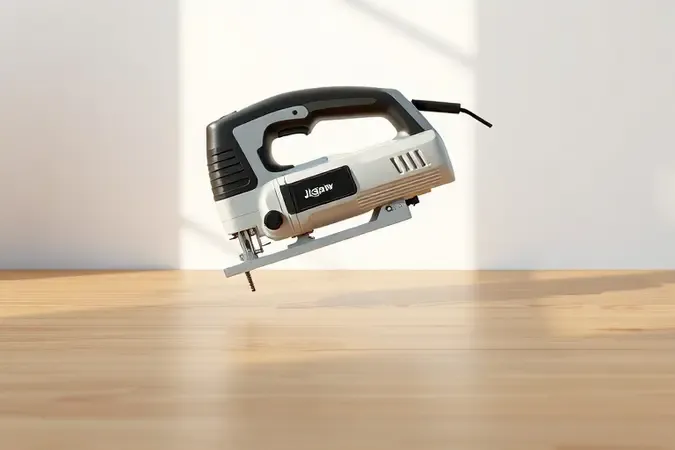 Render 3D conceitual de uma serra tico-tico genérica flutuando sobre superfície de madeira com iluminação natural suave.