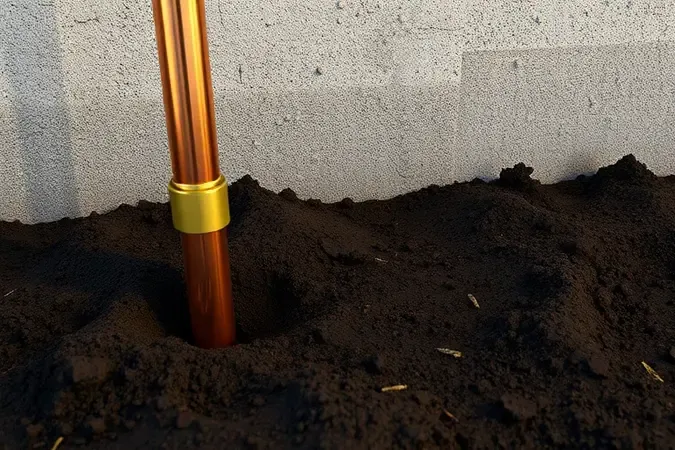 Ilustração conceitual de sistema de aterramento elétrico com haste de cobre e fio terra em renderização 3D educativa
