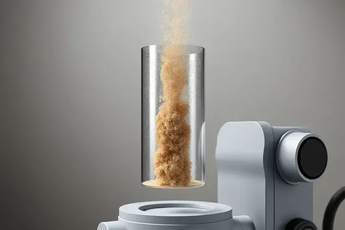 Render 3D conceitual de sistema de coleta de pó com partículas sendo filtradas em canister transparente de lixadeira orbital.