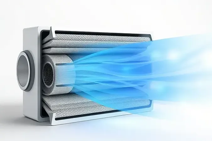 Render 3D de sistema de filtragem avançado com múltiplas camadas e fluxo de ar em gradiente azul