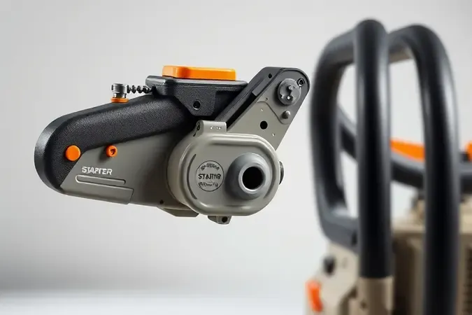 Sistema de partida de motosserra conceitual em renderização 3D com detalhes ergonômicos e iluminação profissional