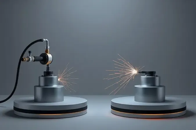 Renderização 3D comparando solda MIG com gás e sem gás em plataformas simétricas com iluminação equilibrada.