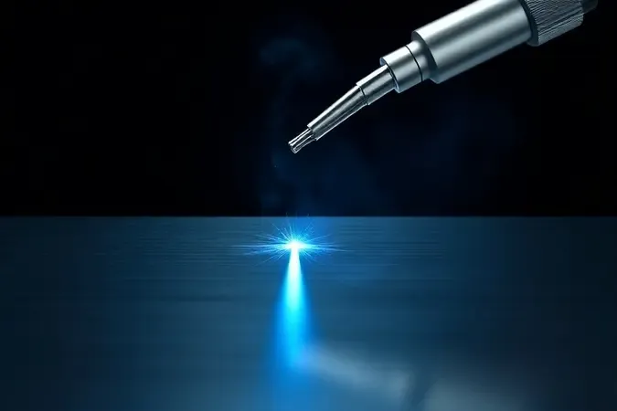 Render 3D de tocha TIG com arco elétrico de precisão sobre superfície de aço inoxidável polida e reflexiva