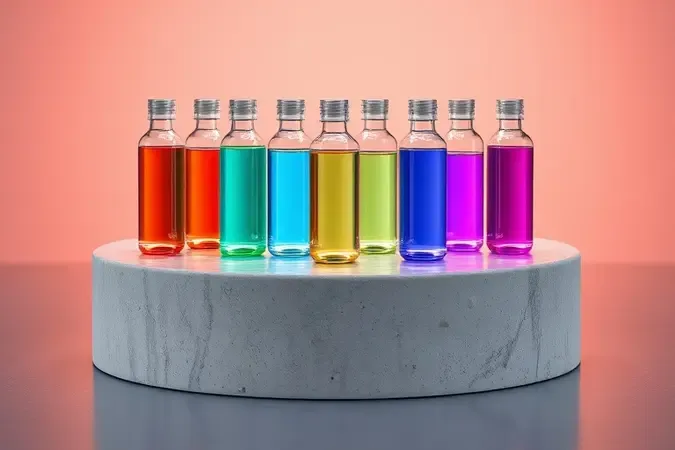 Frascos conceituais 3D com aditivos químicos coloridos sobre superfície de concreto representando soluções personalizadas