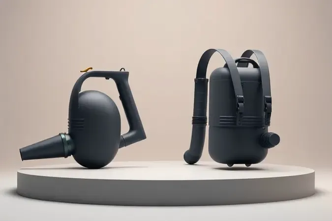 Comparação visual entre soprador de folhas portátil e tipo mochila em render 3D conceitual com iluminação profissional