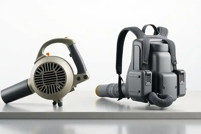 Comparacao visual entre soprador de folhas portatil e modelo tipo mochila com design conceitual moderno em 3D