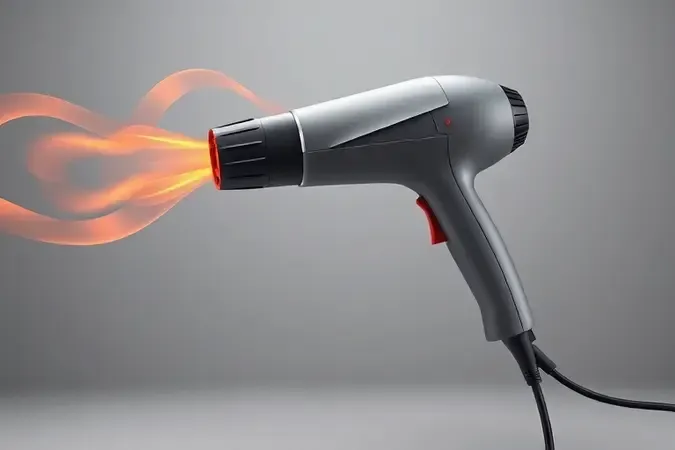 Renderização 3D mostrando soprador térmico genérico com visualização abstrata de fluxo de ar quente em estúdio limpo
