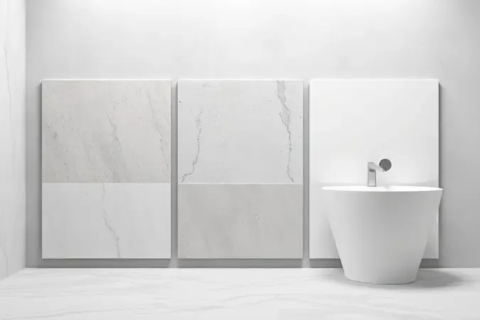 Amostras de azulejo, concreto e porcelana com revestimento de tinta epóxi brilhante demonstrando versatilidade em superfícies.