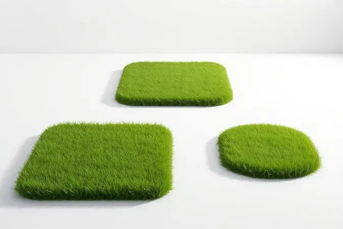 Renderização 3D conceitual de diferentes tamanhos de gramado e tipos de terreno com variações de elevação.