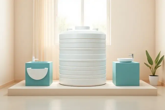 Render 3D conceitual mostrando a proporção ideal de caixa d'água de 1000 litros para consumo residencial
