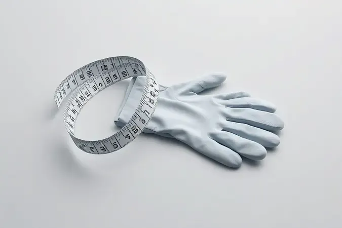 Fita métrica curva ao lado de luva de segurança sobre superfície minimalista representando medição precisa e escolha do tamanho ideal.