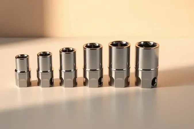 Soquetes metálicos sem marca organizados em ordem crescente de tamanho em composição minimalista 3D