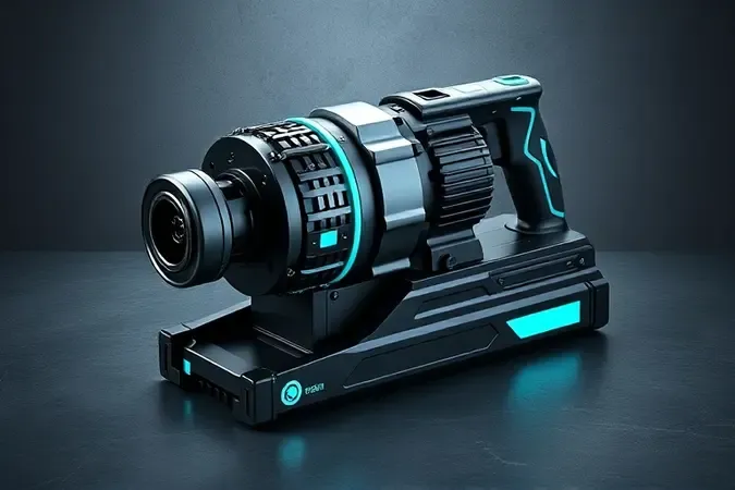 Render 3D conceitual de tecnologia profissional de alto desempenho para ferramentas elétricas robustas com iluminação contrastada.