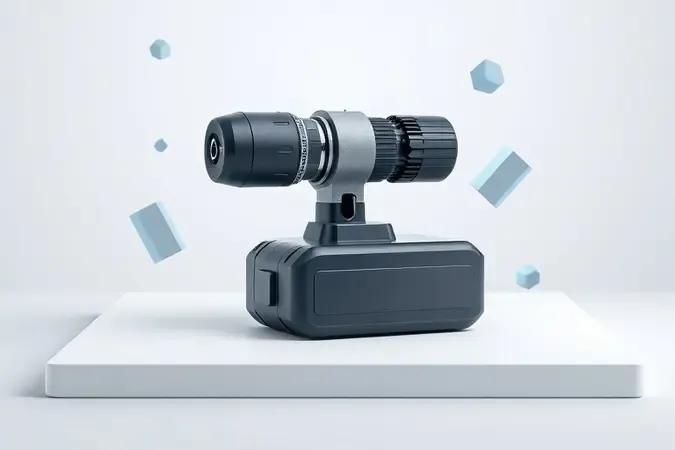 Render 3D conceitual de tecnologia compacta para ferramentas elétricas com bateria e motor modernos em composição minimalista.