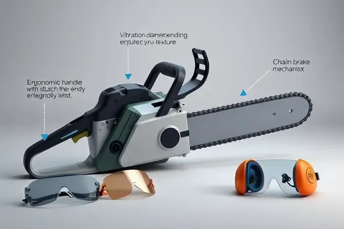 Recursos de tecnologia conforto e segurança em motosserra conceitual moderna com equipamentos de proteção