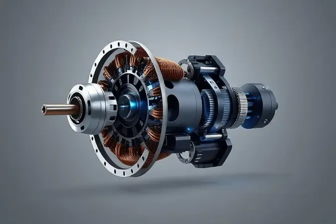 Render 3D conceitual em corte de motor brushless de furadeira com componentes internos visíveis e iluminação técnica