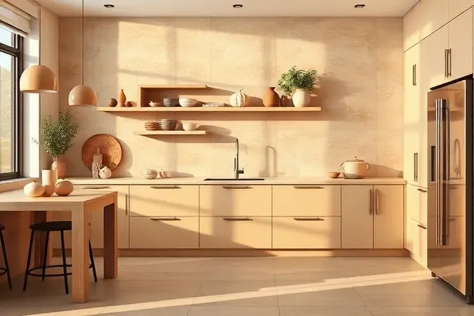 Render 3D conceitual de cozinha contemporânea com porcelanato em tons quentes e iluminação dourada suave.