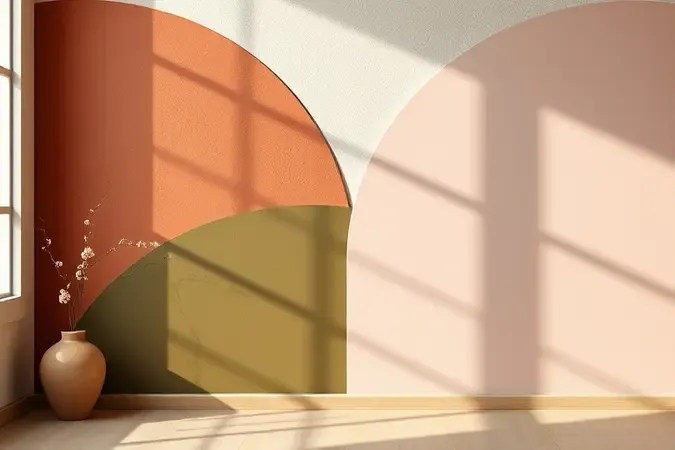 Parede contemporânea com tendências de pintura 2025 usando color-blocking orgânico e texturas em tons terrosos sofisticados.