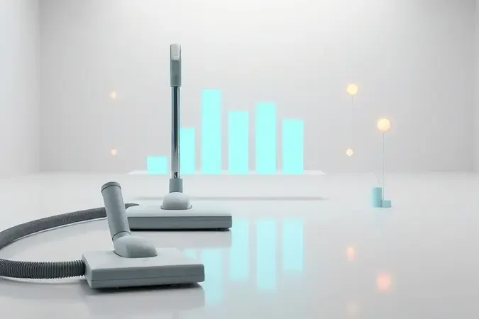 Ambiente conceitual de testes e avaliações com aspirador de pó e elementos abstratos de dados como barras e indicadores flutuantes em renderização 3D.