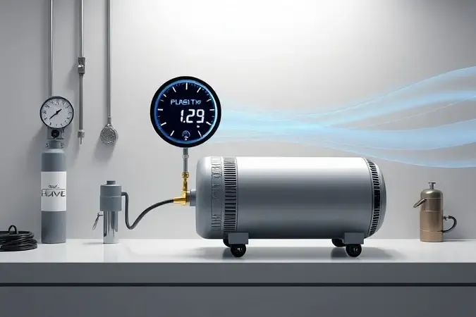 Teste de eficiência de compressor de ar portátil em renderização 3D com medidor digital e iluminação de estúdio