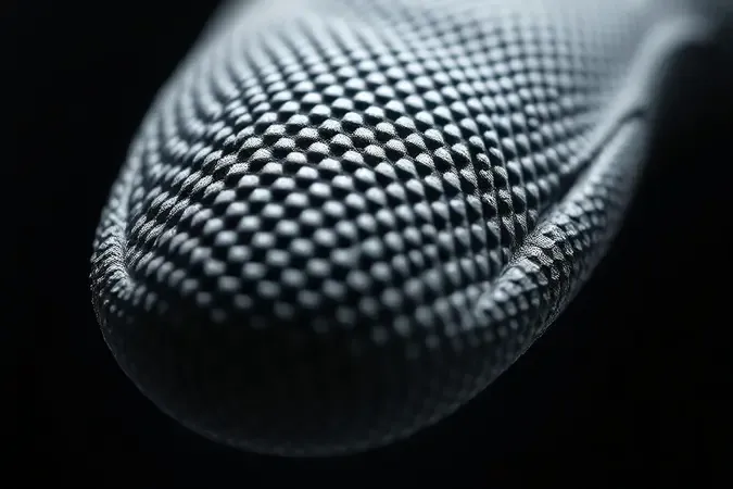 Render 3D macro da superfície texturizada antiderrapante de luva nitrílica com padrão geométrico e iluminação direcional suave.