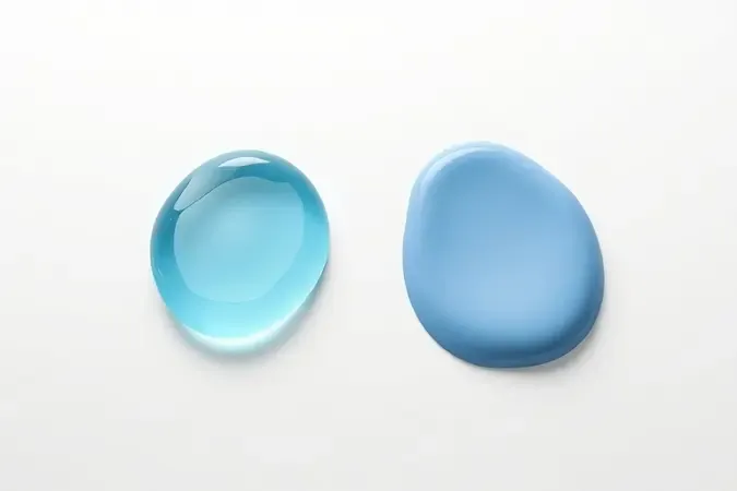 Comparação abstrata entre gotas de tinta base água e base solvente em render 3D científico.