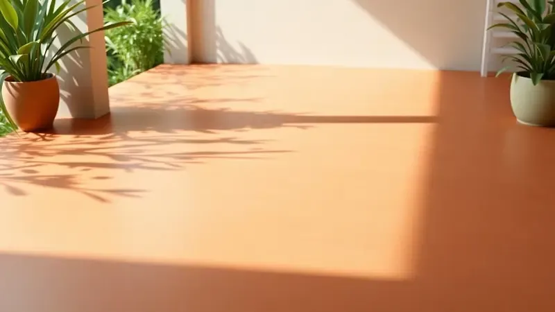 Cena conceitual 3D de piso externo com tinta resistente a intempéries, luz solar suave e gotas de água sobre a superfície.