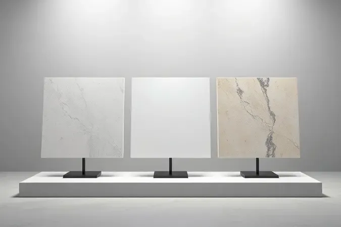 Três amostras de porcelanato com diferentes tipos de acabamento lado a lado em renderização 3D conceitual.