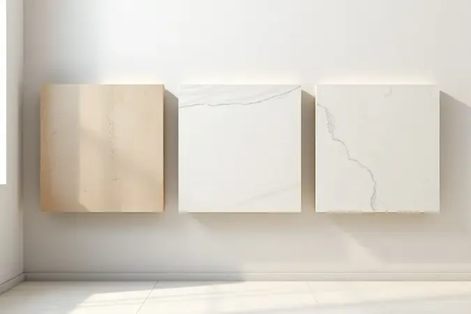 Comparação conceitual de acabamentos de porcelanato para banheiro: fosco, acetinado e texturizado em tons neutros.